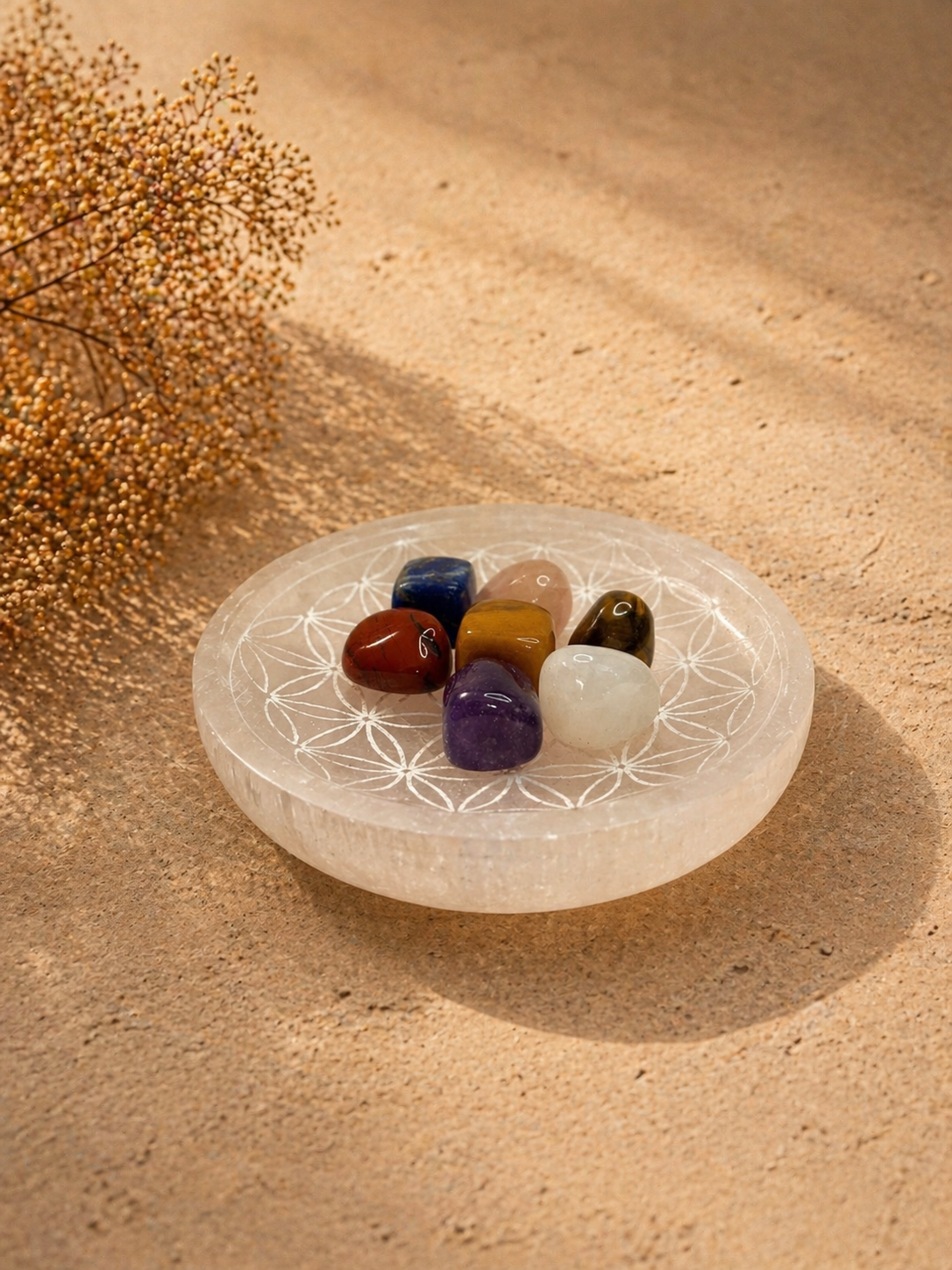 Pack de Cuenco de Selenita con minerales para Chakras