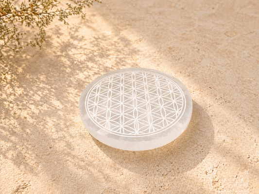 Placa de Selenita de 10 cm diámetro con grabado Flor de la vida.